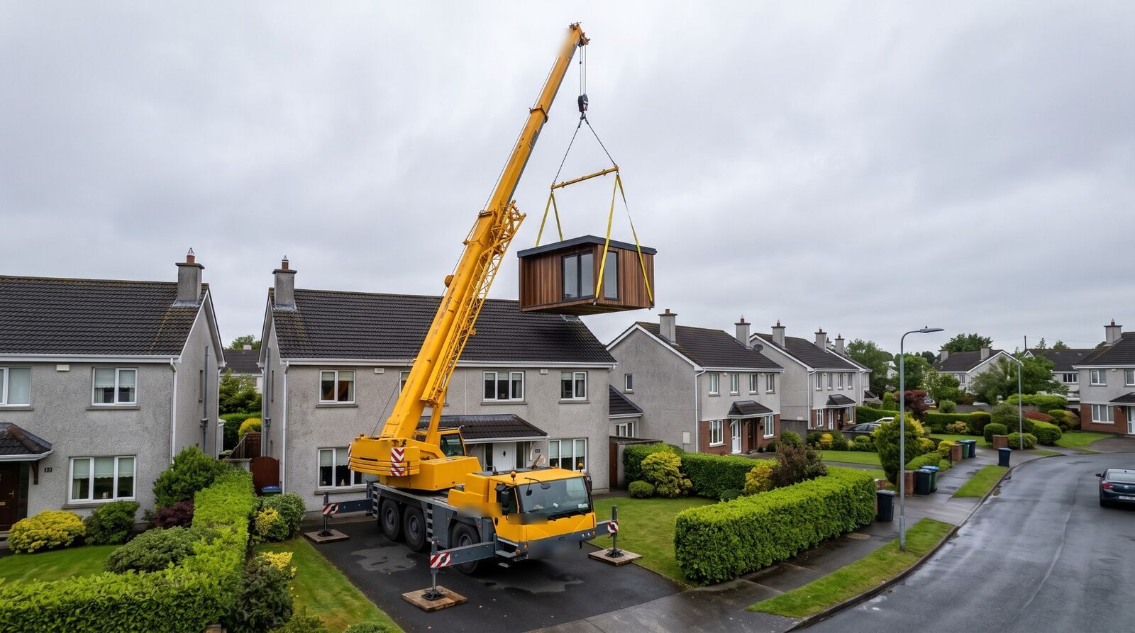 A garden room pod being lifted by crane over a semi-detached house