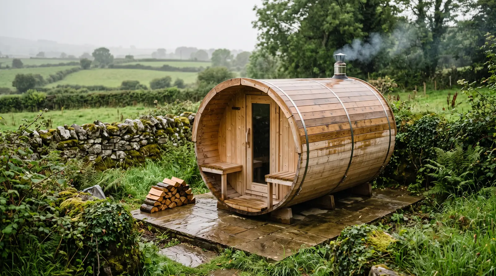 Spruce barrel sauna on a paved base in an Irish garden