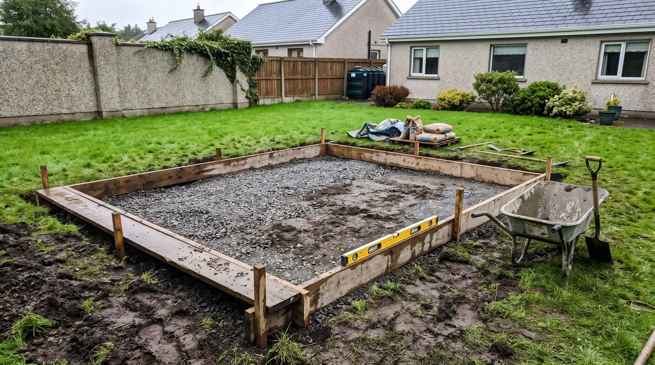 Concrete base being prepared for a garden building