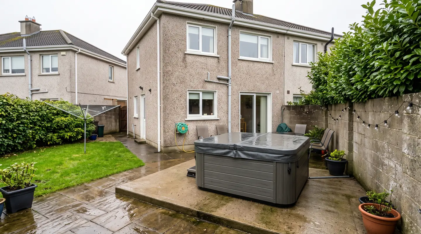 Covered hot tub on a level concrete slab behind an Irish semi-detached house