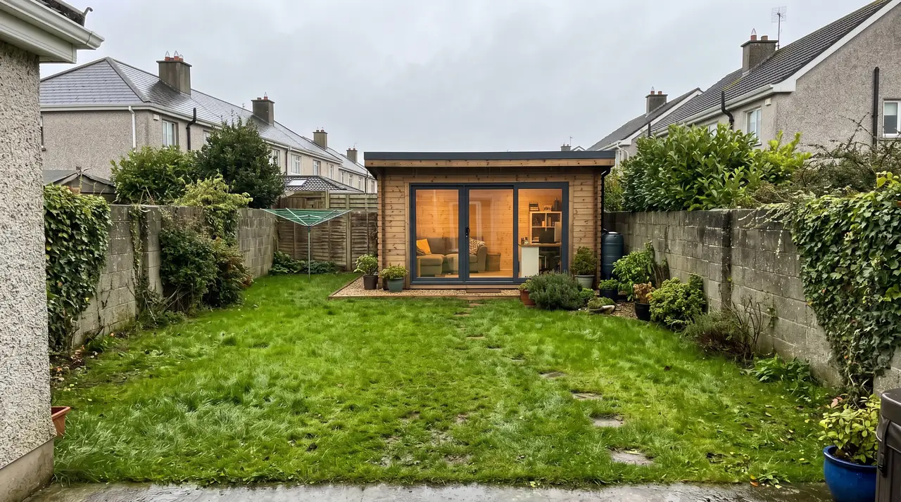 Timber log cabin garden room at the end of an Irish back garden