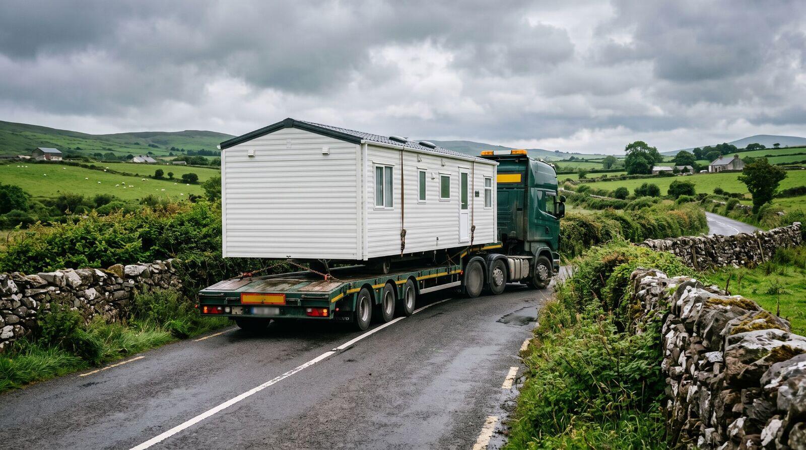 A low-loader carrying a mobile home along an Irish country road